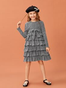 SHEIN Girls Layered Ruffle Hem Belted Glitter Dress - Grey - View 4