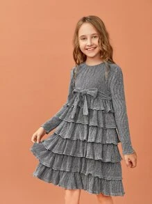 SHEIN Girls Layered Ruffle Hem Belted Glitter Dress - Grey - View 5