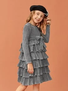 SHEIN Girls Layered Ruffle Hem Belted Glitter Dress - Grey - View 6
