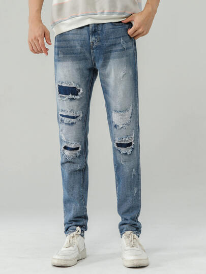 Men Cat Whisker Ripped Patch Jeans | SHEIN