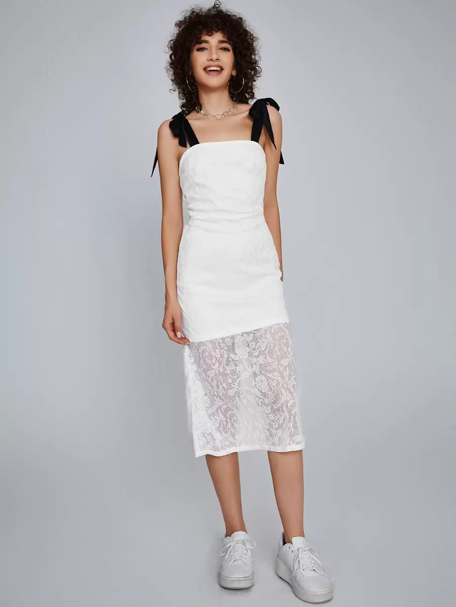 SHEIN Unity Tie Shoulder Lace Cami Dress - White - View 1
