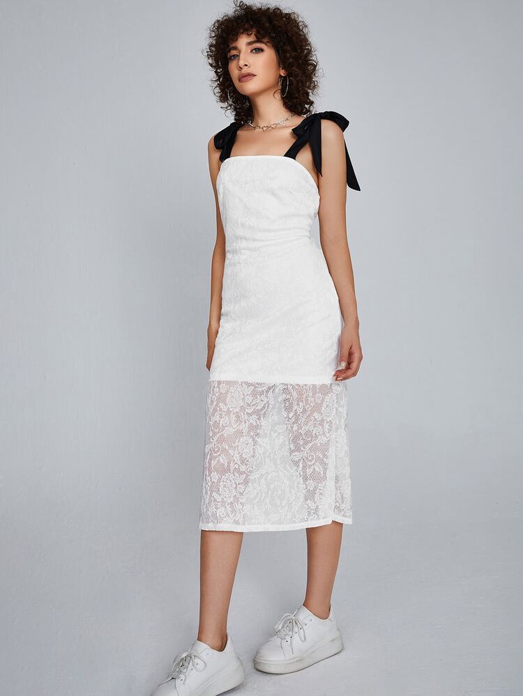SHEIN Unity Tie Shoulder Lace Cami Dress - White - View 3