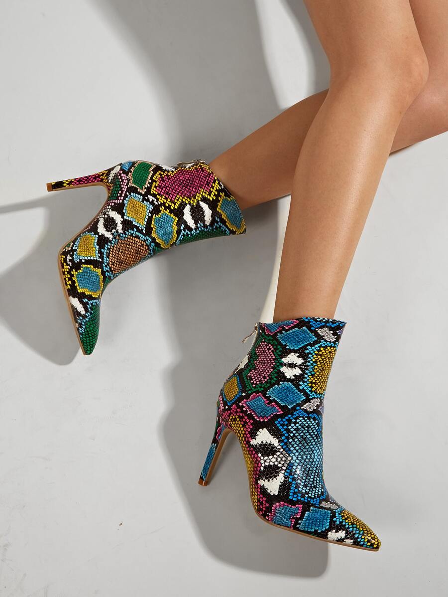 Snakeskin Stiletto Heeled Boots - Multicolor - View 1