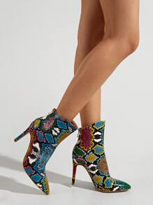 Snakeskin Stiletto Heeled Boots - Multicolor - View 3