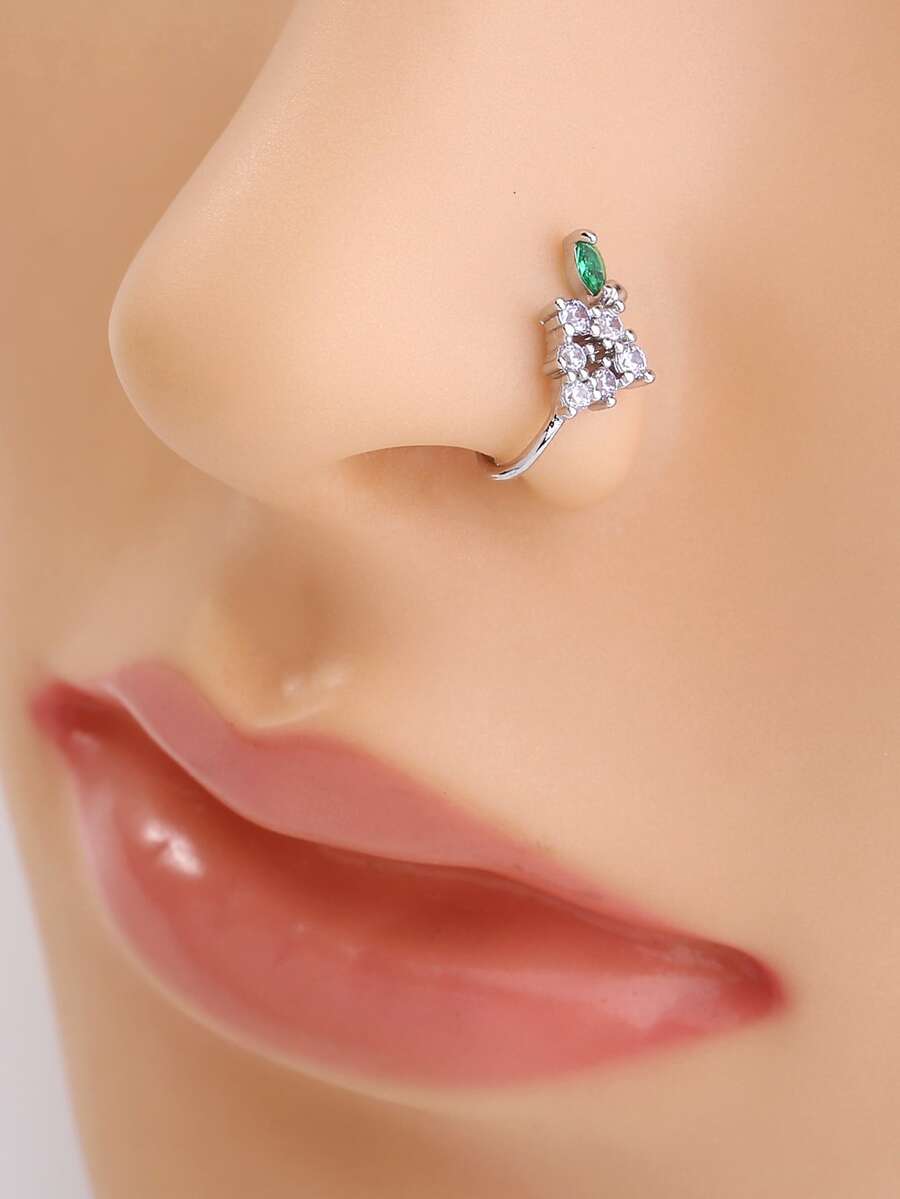 方晶鋯石裝飾鼻環 - 銀色 - 查看 1