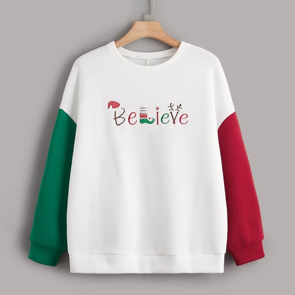 

Plus Christmas Embroidery Drop Shoulder Sweatshirt, White