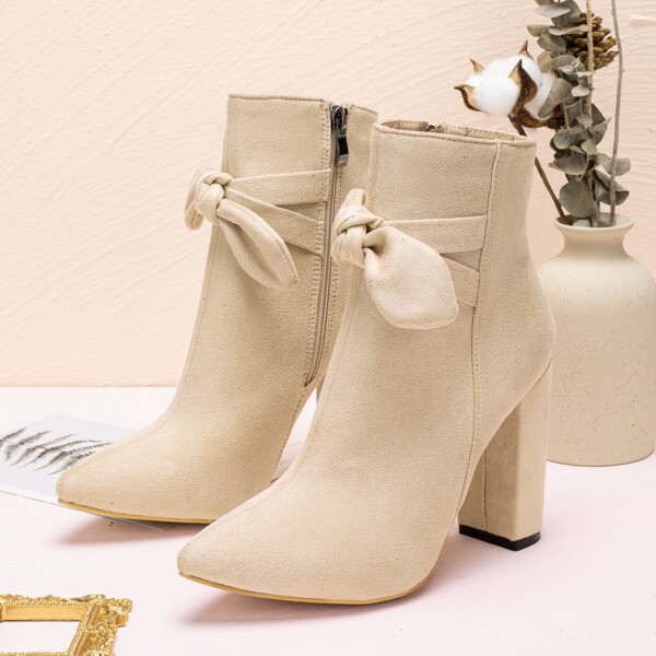

Bow Decor Side Zip Chunky Boots, Apricot