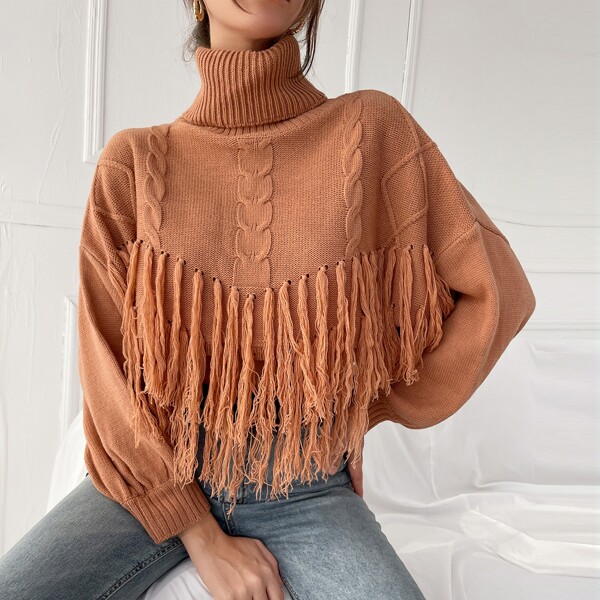 

Cable Knit Fringe Hem Turtle Neck Sweater, Orange