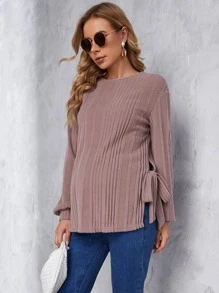 SHEIN Áo thun Bà bầu Thắt nút Chia Gân đan màu trơn Giải trí - Bụi hồng - Xem 1