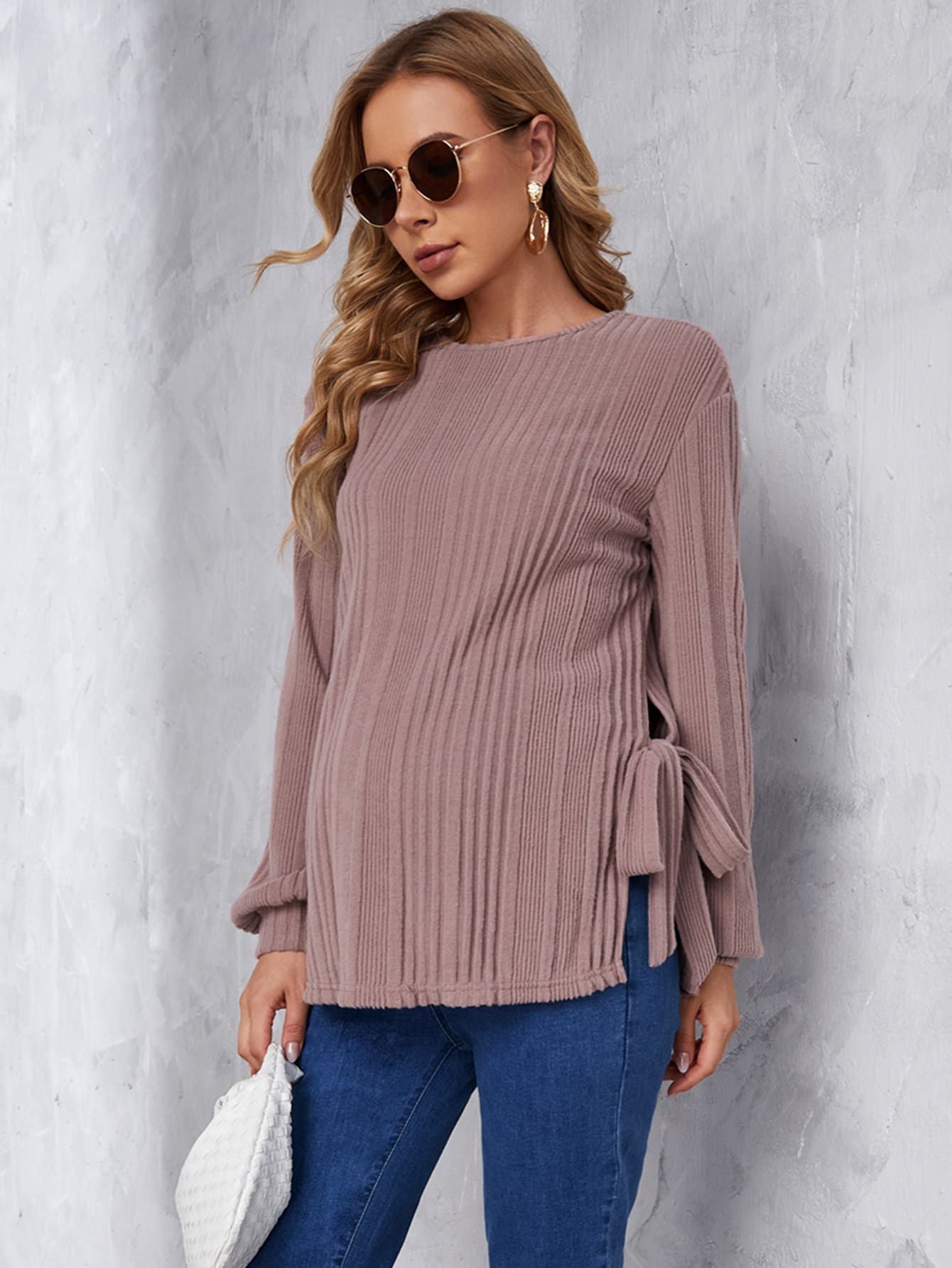 SHEIN Áo thun Bà bầu Thắt nút Chia Gân đan màu trơn Giải trí - Bụi hồng - Xem 1