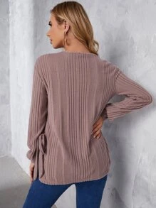 SHEIN Áo thun Bà bầu Thắt nút Chia Gân đan màu trơn Giải trí - Bụi hồng - Xem 2