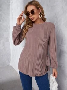 SHEIN Áo thun Bà bầu Thắt nút Chia Gân đan màu trơn Giải trí - Bụi hồng - Xem 3