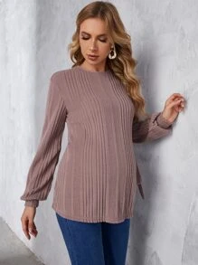 SHEIN Áo thun Bà bầu Thắt nút Chia Gân đan màu trơn Giải trí - Bụi hồng - Xem 4