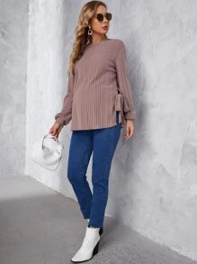 SHEIN Áo thun Bà bầu Thắt nút Chia Gân đan màu trơn Giải trí - Bụi hồng - Xem 5