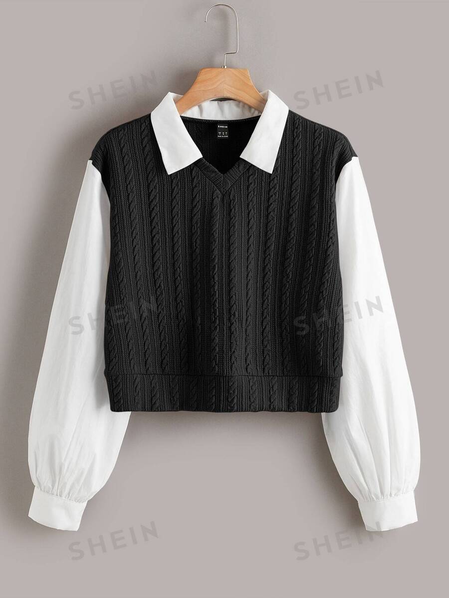 SHEIN EZwear Nadel Woven Patchwork Kontrast Kragen Cable Knit 2 in 1 Bluse - Schwarz und Weiss - Übersicht 1