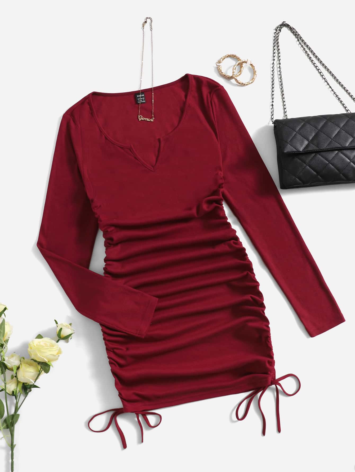 SHEIN Solid Drawstring Side Ruched Bodycon Dress - Burgundy - View 1