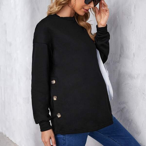 

Maternity Button Side Drop Shoulder Pullover, Black