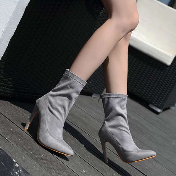 

Minimalist Back Stiletto Heeled Sock Boots, Grey
