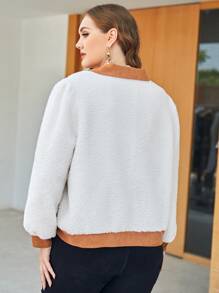 Mulvari Plus Contrast Trim Dual Pocket Teddy Jacket - White - View 3