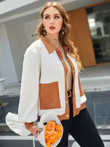 Mulvari Plus Contrast Trim Dual Pocket Teddy Jacket - White - View 1