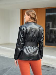 SHEIN Unity Plus Dual Pocket Crocodile Embossed Buckle Belted PU Leather Blazer - Black - View 3