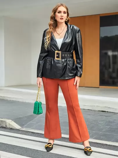 SHEIN Unity Plus Dual Pocket Crocodile Embossed Buckle Belted PU Leather Blazer