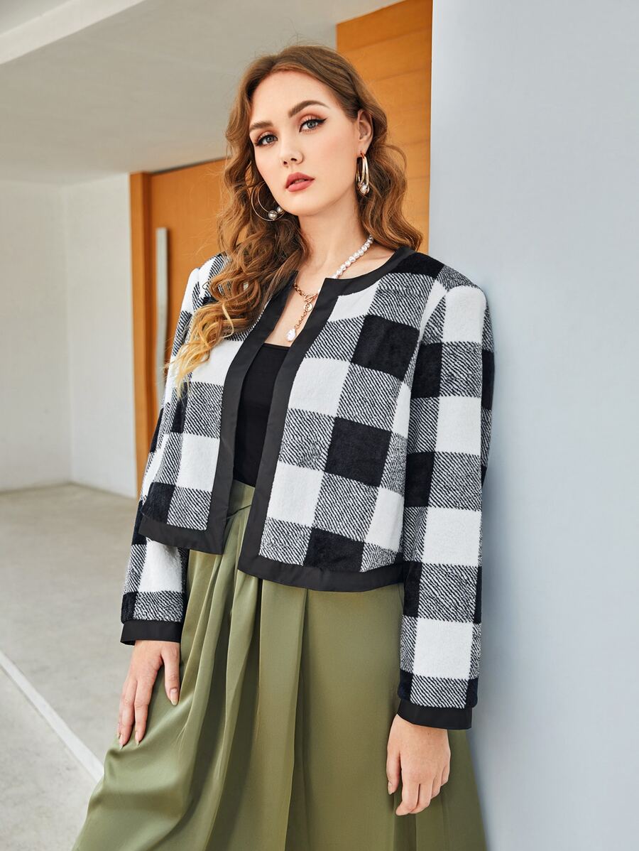 Modelyn Cazadora teddy de cuadros con estampado ribete en contraste - Blanco y Negro - Ver 1