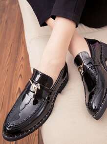 Men Metal Patch Slip On Loafers - Black - View 3