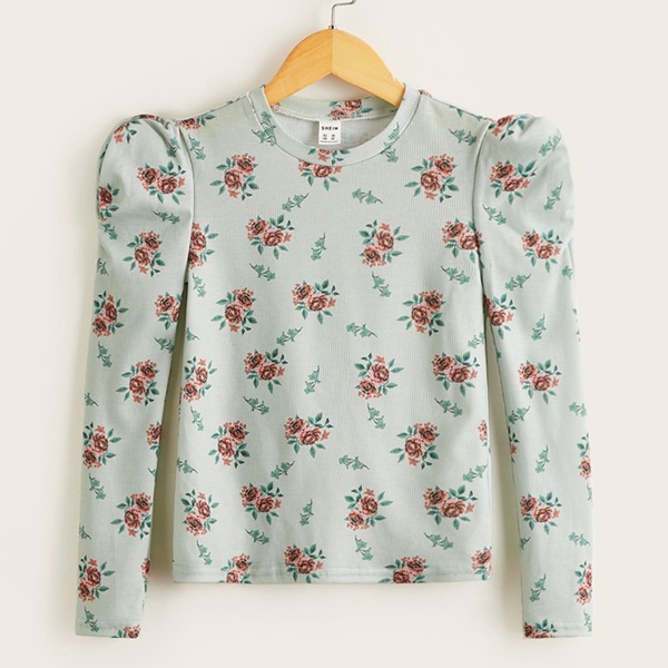 

Girls Floral Print Gigot Sleeve Tee, Lime green