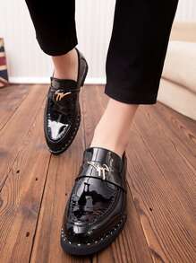Men Metal Patch Slip On Loafers - Black - View 4