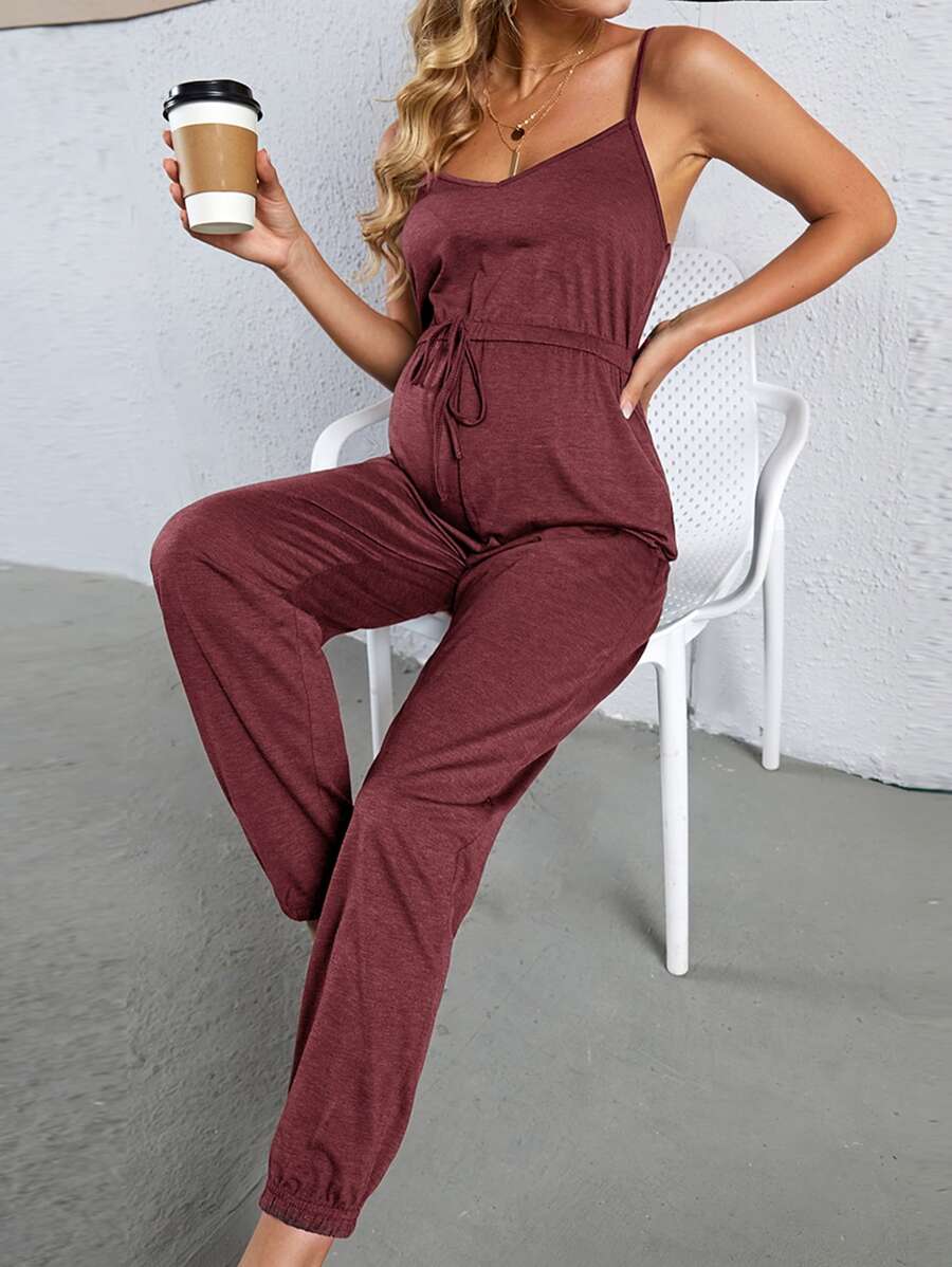 SHEIN Bộ đồ liền thân Bà bầu Thắt nút màu trơn Giải trí - Màu Đỏ Sâu - Xem 1