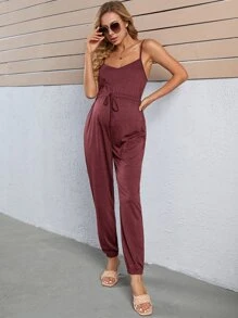 SHEIN Bộ đồ liền thân Bà bầu Thắt nút màu trơn Giải trí - Màu Đỏ Sâu - Xem 3