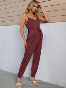 SHEIN Bộ đồ liền thân Bà bầu Thắt nút màu trơn Giải trí - Màu Đỏ Sâu - Xem 4