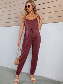 SHEIN Bộ đồ liền thân Bà bầu Thắt nút màu trơn Giải trí - Màu Đỏ Sâu - Xem 5