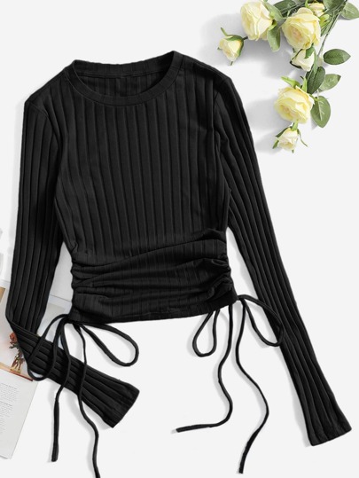 SHEIN EZwear Drawstring Side Ruched Ribbed Knit Tee
