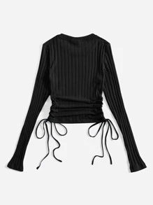 SHEIN EZwear Drawstring Side Ruched Ribbed Knit Tee - Black - View 2