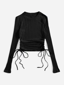 SHEIN EZwear Drawstring Side Ruched Ribbed Knit Tee - Black - View 3