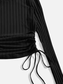 SHEIN EZwear Drawstring Side Ruched Ribbed Knit Tee - Black - View 4