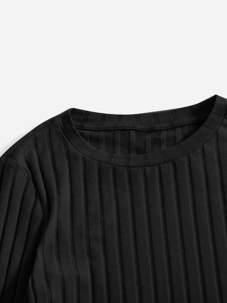 Drawstring Side Ruched Ribbed Knit Tee