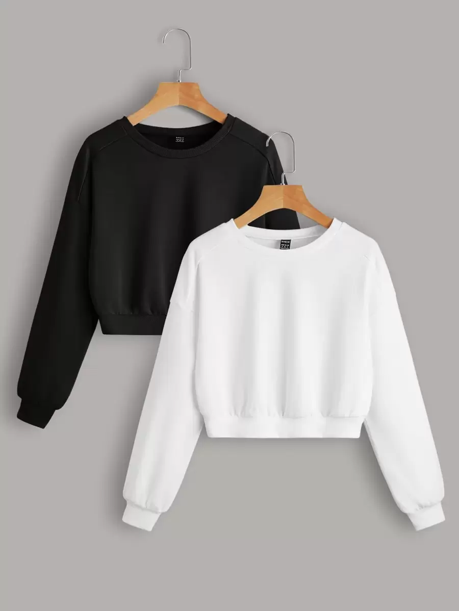 SHEIN EZwear 2pcs Solid Raglan Sleeve Sweatshirt,Long Sleeve Tops In Fall/Winter - Black and White - View 1