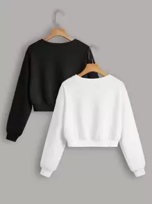 SHEIN EZwear 2pcs Solid Raglan Sleeve Sweatshirt,Long Sleeve Tops In Fall/Winter - Black and White - View 2