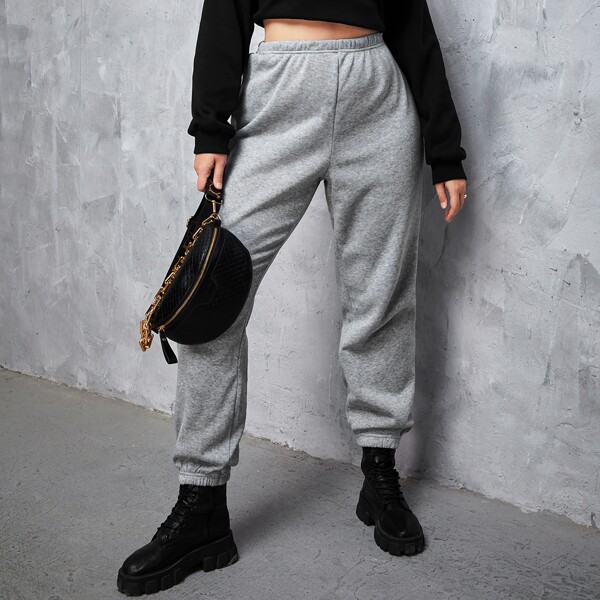 

Plus Solid Elastic Waist Sweatpants, Grey