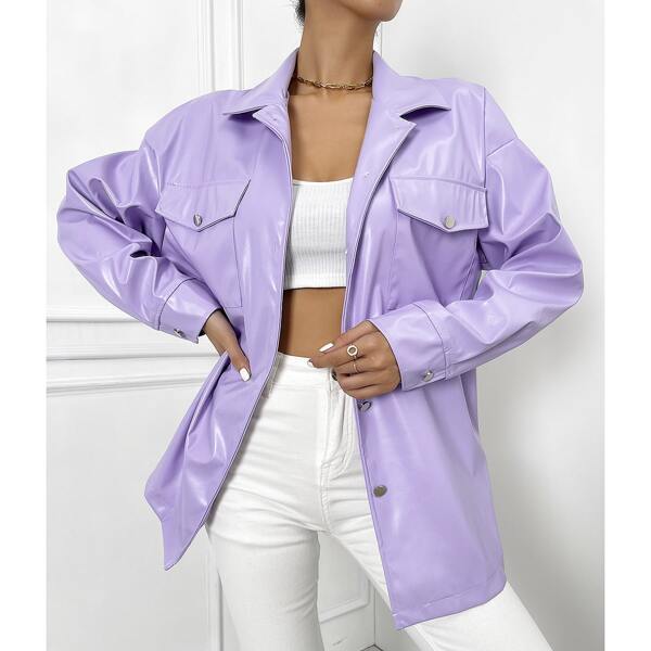 

Single Breasted Flap Detail PU Leather Coat, Lilac purple
