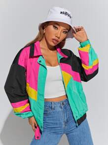 SHEIN EZwear 撞色落肩袖拉鍊夾克 - 彩色 - 查看 1