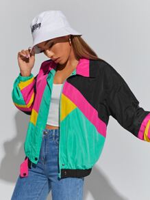 SHEIN EZwear 撞色落肩袖拉鍊夾克 - 彩色 - 查看 3