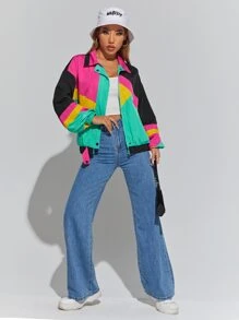 SHEIN EZwear 撞色落肩袖拉鍊夾克 - 彩色 - 查看 4