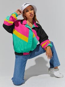 SHEIN EZwear 撞色落肩袖拉鍊夾克 - 彩色 - 查看 5