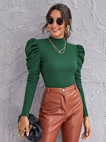 SHEIN Privé Mock-neck Gigot Sleeve Top - Dark Green - View 1