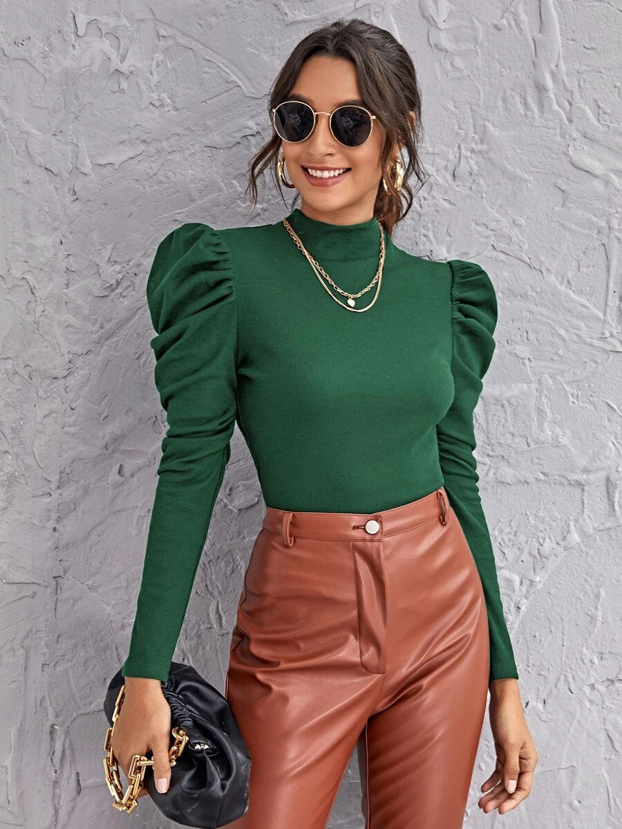 SHEIN Privé Mock-neck Gigot Sleeve Top - Dark Green - View 1