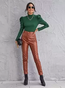 SHEIN Privé Mock-neck Gigot Sleeve Top - Dark Green - View 4